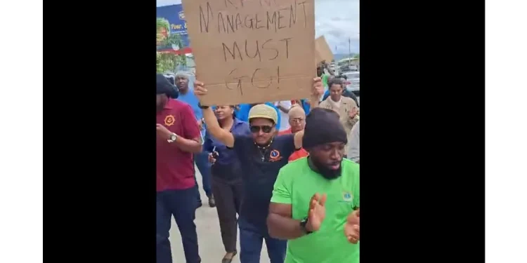 NFM workers during a peaceful demonstration.