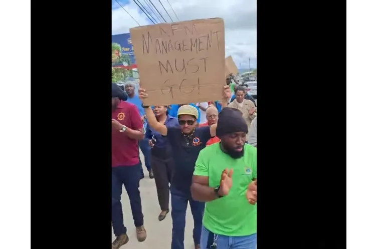 NFM workers during a peaceful demonstration.