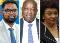 L-R President Irfaan Ali, Opposition Leader Aubrey Norton and GECOM Chairperson ret'd Justice Claudette Singh