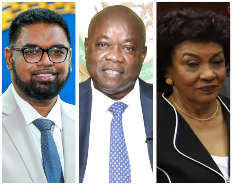 L-R President Irfaan Ali, Opposition Leader Aubrey Norton and GECOM Chairperson ret'd Justice Claudette Singh
