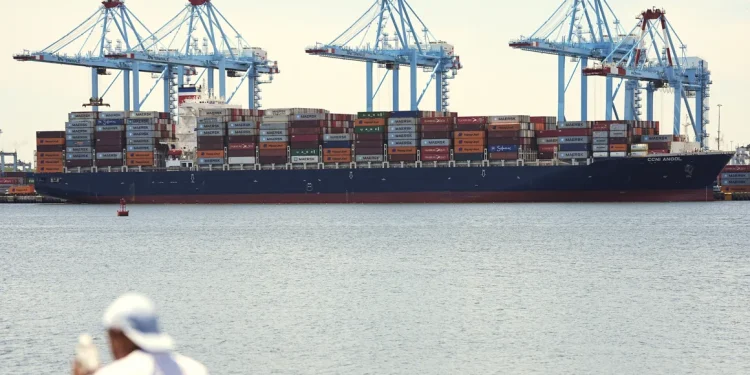 A container ship is moored at the port of the port of New York & New Jersey in Elizabeth, NJ on May 12. Matt Rourke/AP