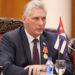 (FILES) In this file photo taken on November 09, 2018 Cuba's President Miguel Diaz-Canel Bermudez (C) speaks during a meeting with Vietnamese Prime Minister Nguyen Xuan Phuc (not pictured) at the Government Office in Hanoi. - Born after the victory of the 1959 revolution, Miguel Diaz-Canel, president and now first secretary of the Communist Party, embodies the new generation in power in Cuba, more connected but not necessarily more flexible. (Photo by LUONG THAI LINH / POOL / AFP)