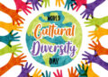 World Cultural Diversity Day greeting card illustration of colorful people hands raised up together. International culture social help concept. 21 may ethnic celebration holiday design. (Istock photo)