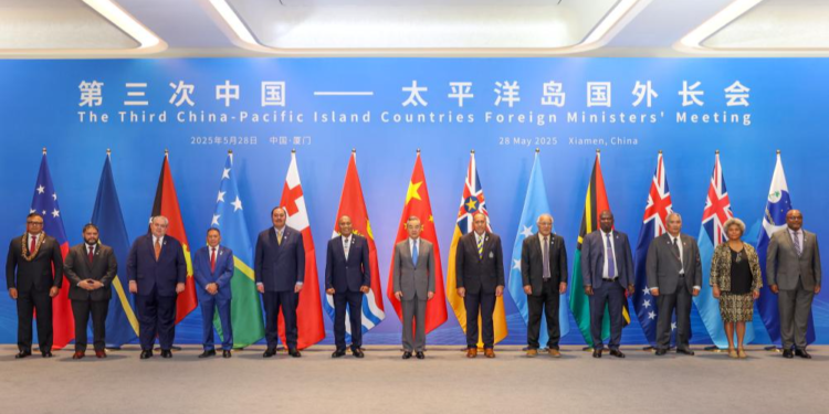 Chinese Foreign Minister Wang Yi, also a member of the Political Bureau of the Communist Party of China Central Committee, co-hosts the Third China-Pacific Island Countries Foreign Ministers' Meeting with Kiribati's President and Foreign Minister Taneti Maamau in Xiamen, southeast China's Fujian Province, May 28, 2025. /Xinhua