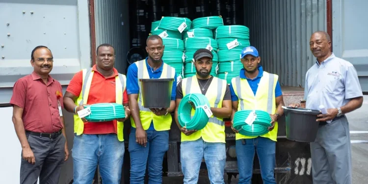 Packed and ready to go. (L-R) Production Manager, Chockalingam Ramasamy; Warehouse Attendants, Krachike Lyn, Shaquile Drummond, Prince Ellis and Phillip Lyons; and Warehouse Manager, Daniel Chambers, prepare the first shipment of Omni’s products to Guyana.
