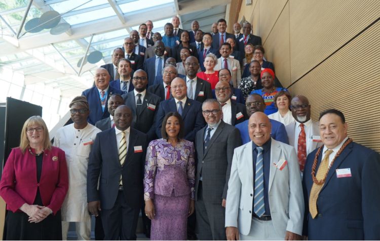 Commonwealth Secretary-General Hon Shirley Ayorkor Botchwey with health ministers in Geneva at her first ministerial meeting, convened ahead of the 78th World Health Assembly