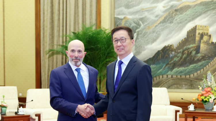 Chinese Vice President Han Zheng (R) shakes hand with a member of a U.S. delegation attending the China-U.S. Senior-Level Track Two Dialogue in Beijing, China, June 5, 2025. /Xinhua