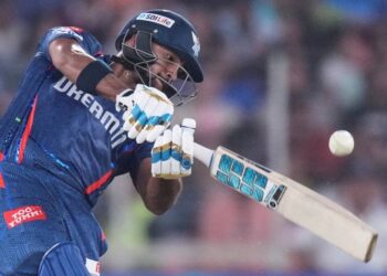 Lucknow Super Giants' Nicholas Pooran plays a shot during the Indian Premier League cricket match between Gujarat Titans and Lucknow Super Giants at Narendra Modi Stadium in Ahmedabad, India, on May 22, 2025. - AP Photo