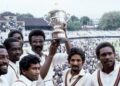 Sir Clive Lloyd lifts the trophy after West Indies won the first Cricket World Cup in 1975 in London, England. -