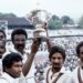 Sir Clive Lloyd lifts the trophy after West Indies won the first Cricket World Cup in 1975 in London, England. -