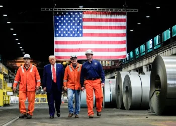 President Donald Trump touring U.S. Steel’s Mon Valley Works-Irvin plant in West Mifflin, Pa., on Friday.Julia Demaree Nikhinson / AP
