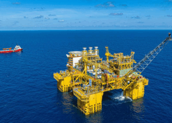 An aerial drone photo taken in April, 2025 shows the Deep Sea No. 1 energy station, in south China's island province of Hainan. China National Offshore Oil Corporation (CNOOC) announced Wednesday the full operation of the second phase of its flagship gas field in the South China Sea, marking the completion of the country's largest offshore natural gas development to date. The progress brings the gas field, named Shenhai Yihao or Deep Sea No. 1, to its designed production capacity of 4.5 billion cubic meters annually, according to CNOOC, the largest offshore oil and gas producer in China. (CNOOC/Handout via Xinhua)