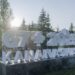The logo for the G7 summit at the Pomeroy Kananaskis Mountain Lodge stands at the press center in Banff, Canada. Photo: VCG