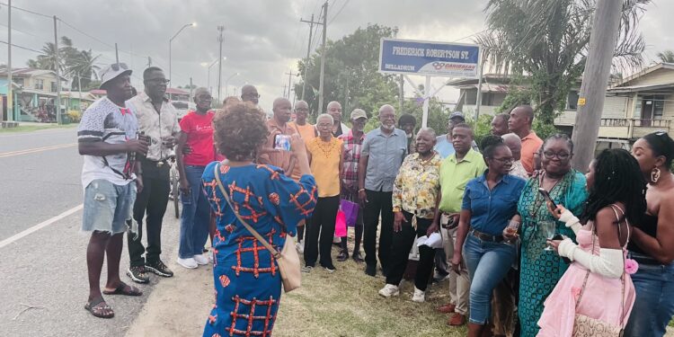 A gathering at the unveiling of the Frederick Robertson Street