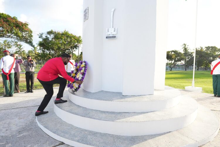 President Irfaan Ali laying a wreath at the Enmore Martyrs Monument- June 16, 2025