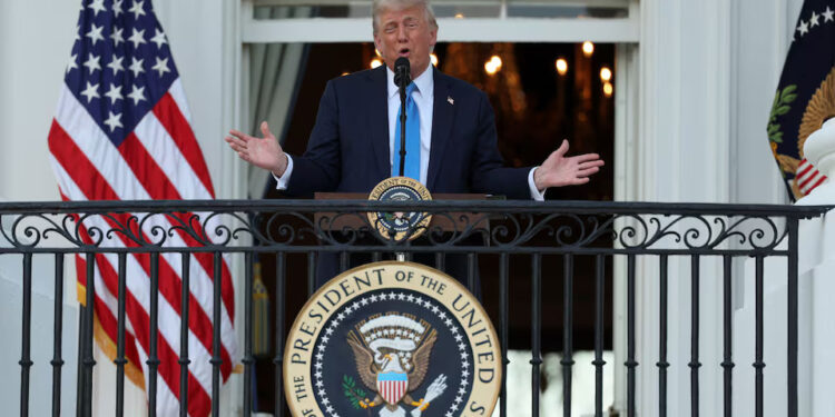 U.S. President Donald Trump speaks as he attends a "Summer Soiree" held on the South Lawn of the White House in Washington, D.C., U.S., June 4, 2025. REUTERS/Leah Millis