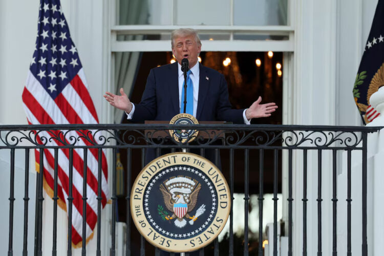 U.S. President Donald Trump speaks as he attends a "Summer Soiree" held on the South Lawn of the White House in Washington, D.C., U.S., June 4, 2025. REUTERS/Leah Millis