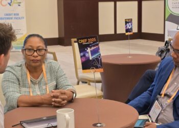 Mrs. Sandra Britton, Programme Manager and Mr. Brian Constantine (r), Project Officer, respectively of the CARICOM Secretariat Energy Unit in discussion at the Caribbean Renewable Energy Forum