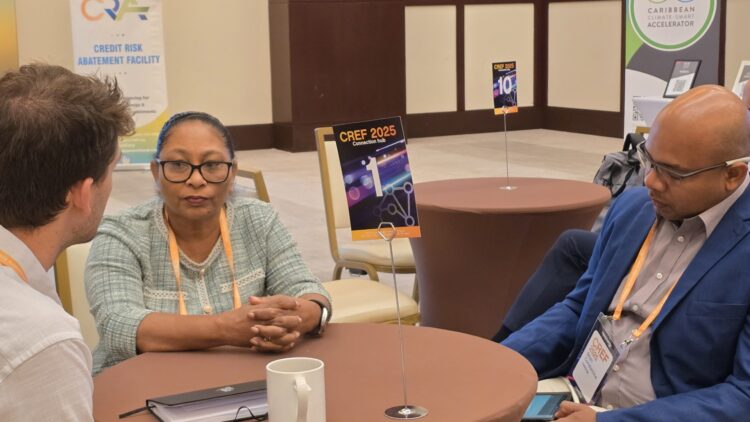 Mrs. Sandra Britton, Programme Manager and Mr. Brian Constantine (r), Project Officer, respectively of the CARICOM Secretariat Energy Unit in discussion at the Caribbean Renewable Energy Forum