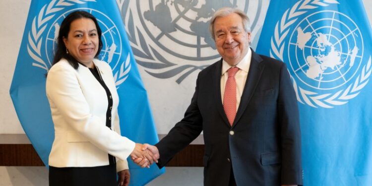 L-R Guyana’s Permanent Representative to the United Nations, Ambassador Carolyn Rodrigues-Birkett and UN Secretary-General António Guterres