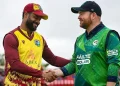 Ireland's Paul Stirling shakes hands with West Indies counterpart Shai Hope