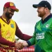 Ireland's Paul Stirling shakes hands with West Indies counterpart Shai Hope