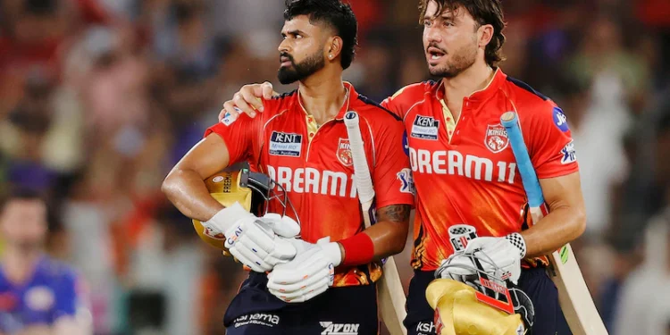 Shreyas Iyer (left) and Marcus Stoinis after PBKS' win in IPL 2025 Qualifier 2.