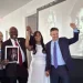 Susanna Moore, left, the great-great-great-granddaughter of Harvard biologist Louis Agassiz, celebrates with Tamara Lanier, second right, and attorneys Ben Crump and Josh Koskoff at the Boston Marriott Long Wharf hotel on Wednesday, March 28, 2025 in Boston, Mass. (AP Photo/Leah Willingham)
