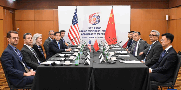 Chinese Foreign Minister Wang Yi, also a member of the Political Bureau of the Communist Party of China Central Committee, meets with U.S. Secretary of State Marco Rubio in Kuala Lumpur, Malaysia, July 11, 2025. (Xinhua/Cheng Yiheng)