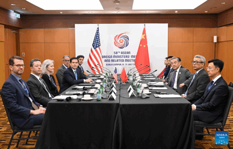 Chinese Foreign Minister Wang Yi, also a member of the Political Bureau of the Communist Party of China Central Committee, meets with U.S. Secretary of State Marco Rubio in Kuala Lumpur, Malaysia, July 11, 2025. (Xinhua/Cheng Yiheng)