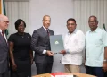 Minister of Agriculture, Zulfikar Mustapha; Ambassador of the Dominican Republic to Guyana, Ernesto Torres-Pereyra; Chief Executive Officer of the National Agricultural Research and Extension Institute (NAREI), Jagnarine Singh, and other representatives from both governments at the signing ceremony
