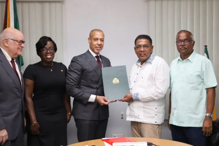 Minister of Agriculture, Zulfikar Mustapha; Ambassador of the Dominican Republic to Guyana, Ernesto Torres-Pereyra; Chief Executive Officer of the National Agricultural Research and Extension Institute (NAREI), Jagnarine Singh, and other representatives from both governments at the signing ceremony