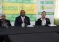 L-R Former minister Jaipaul Sharma, AFC Leader and Presidential Candidate Nigel Hughes and Kerri Gravesande-Bart