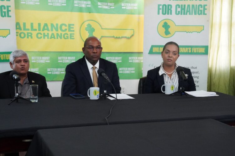 L-R Former minister Jaipaul Sharma, AFC Leader and Presidential Candidate Nigel Hughes and Kerri Gravesande-Bart
