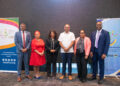 Photo Caption: (l to r): Dr. Mark Sami, Director, Corporate Services, CARPHA; Ms. Alison Drayton, Assistant Secretary-General, Human and Social Development, CARICOM Secretariat; Dr. Lisa Indar, Executive Director, CARPHA; The Honourable Dr. Frank Anthony, Minister of Health, Guyana; Dr. Kavita Singh, Sector Lead Specialist, IDB; Dr. Horace Cox, Acting Director, Surveillance, Disease Prevention and Control Unit, CARPHA.