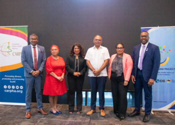 Photo Caption: (l to r): Dr. Mark Sami, Director, Corporate Services, CARPHA; Ms. Alison Drayton, Assistant Secretary-General, Human and Social Development, CARICOM Secretariat; Dr. Lisa Indar, Executive Director, CARPHA; The Honourable Dr. Frank Anthony, Minister of Health, Guyana; Dr. Kavita Singh, Sector Lead Specialist, IDB; Dr. Horace Cox, Acting Director, Surveillance, Disease Prevention and Control Unit, CARPHA.