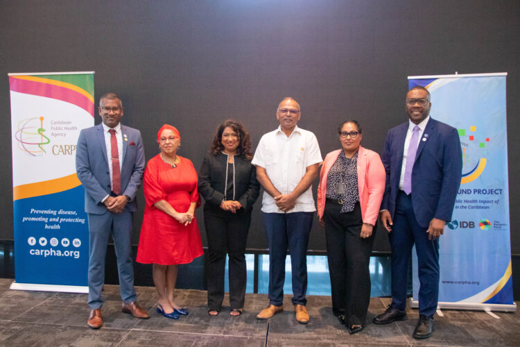 Photo Caption: (l to r): Dr. Mark Sami, Director, Corporate Services, CARPHA; Ms. Alison Drayton, Assistant Secretary-General, Human and Social Development, CARICOM Secretariat; Dr. Lisa Indar, Executive Director, CARPHA; The Honourable Dr. Frank Anthony, Minister of Health, Guyana; Dr. Kavita Singh, Sector Lead Specialist, IDB; Dr. Horace Cox, Acting Director, Surveillance, Disease Prevention and Control Unit, CARPHA.