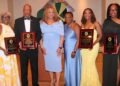 Mayor of Highland Park Elsie Foster (3rd from left) and President Jamaica Organization of New Jersey JON-J Board of Trustees Valerie Bailey, are flanked from left by awardees Jacqueline Lewis, Lynval James, Dr. Karren Dunkley, and Elaine Matthews (Photo by Derrick Scott)