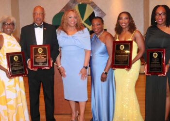 Mayor of Highland Park Elsie Foster (3rd from left) and President Jamaica Organization of New Jersey JON-J Board of Trustees Valerie Bailey, are flanked from left by awardees Jacqueline Lewis, Lynval James, Dr. Karren Dunkley, and Elaine Matthews (Photo by Derrick Scott)