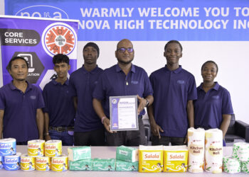 Management and Staff of Nova High Technology proudly pose with their Made in Guyana Certificate