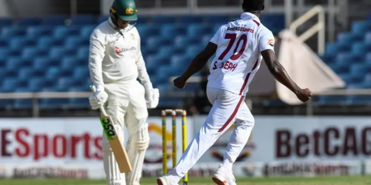 Shamar Joseph celebrating Khawaja wicket