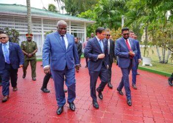 President Irfaan Ali (R) U.S Secretary of State, Marco Rubio and Prime Minister Mark Phillips during Rubio's March 2025 visit to Guyana (Photo credit: President Ali's facebook)