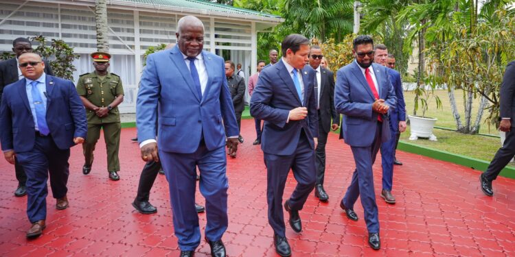 President Irfaan Ali (R) U.S Secretary of State, Marco Rubio and Prime Minister Mark Phillips during Rubio's March 2025 visit to Guyana (Photo credit: President Ali's facebook)