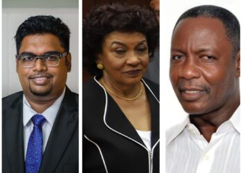 L-R President Irfaan Ali, GECOM Commissioner ret'd Justice Claudette Singh and GTUC General Secretary Lincoln Lewis