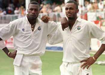 West Indies strike bowlers (left) Curtly Ambrose and Courtney Walsh (right) (Photo by Ross Setford/EMPICS )