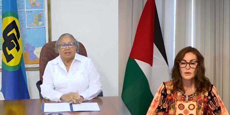 CARICOM Secretary General Dr Carla Barnett and Her Excellency Dr. Linda Sobeh Ali of Palestine