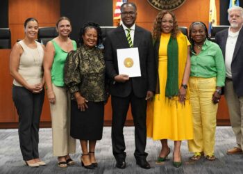 Mayor Elsie Foster along with Middlesex County Commissioners Charles Kenny, Clara Azcona Barber, and County Surrogate Claribel Cortes