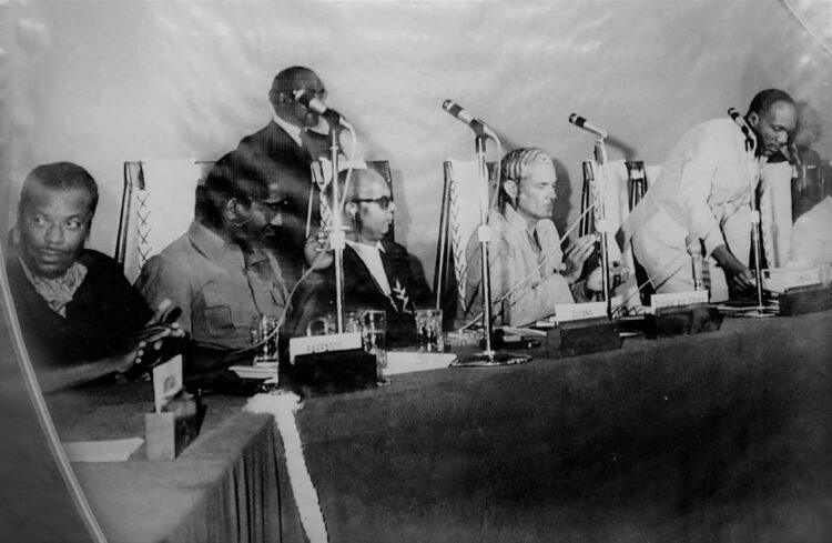 Founding Fathers signing the Treaty of Chaguaramas in 1973. From left, PM Errol Barrow, PM Forbes Burnham, PM Eric Williams and PM Michael Manley