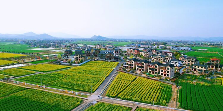 An aerial drone photo taken on March 22, 2024 shows a view of Yong'an Village in Yuhang District, Hangzhou City, east China's Zhejiang Province.(Photo by Hong Yunfeng/Xinhua)