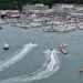 An aerial drone photo taken on Aug. 23, 2025 shows yachts returning to a dock in Sanya, south China's Hainan Province. (Xinhua/Zhao Yingquan)